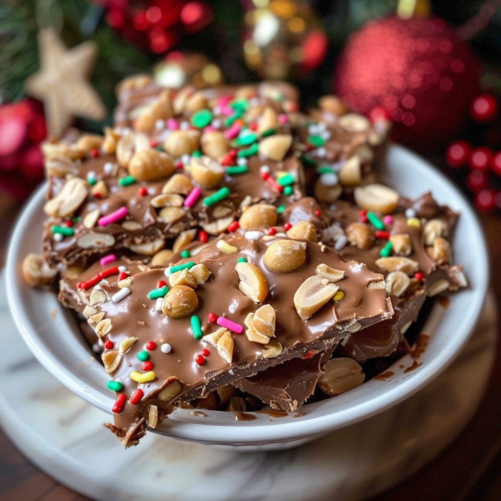 Clusters made of dark brown chocolate mixed with whole light brown nuts form thick uneven mounds scattered on a white marbled surface. Each cluster is topped with small red and green cylindrical sprinkles spread unevenly on the rough texture. One cluster in the front has a visible bite revealing a thick chocolate layer covering the nuts inside. The scene is close-up with soft lighting, highlighting the shiny surface of the chocolate and the festive colors of the sprinkles. photo taken with an iphone --ar 4:5 --v 7