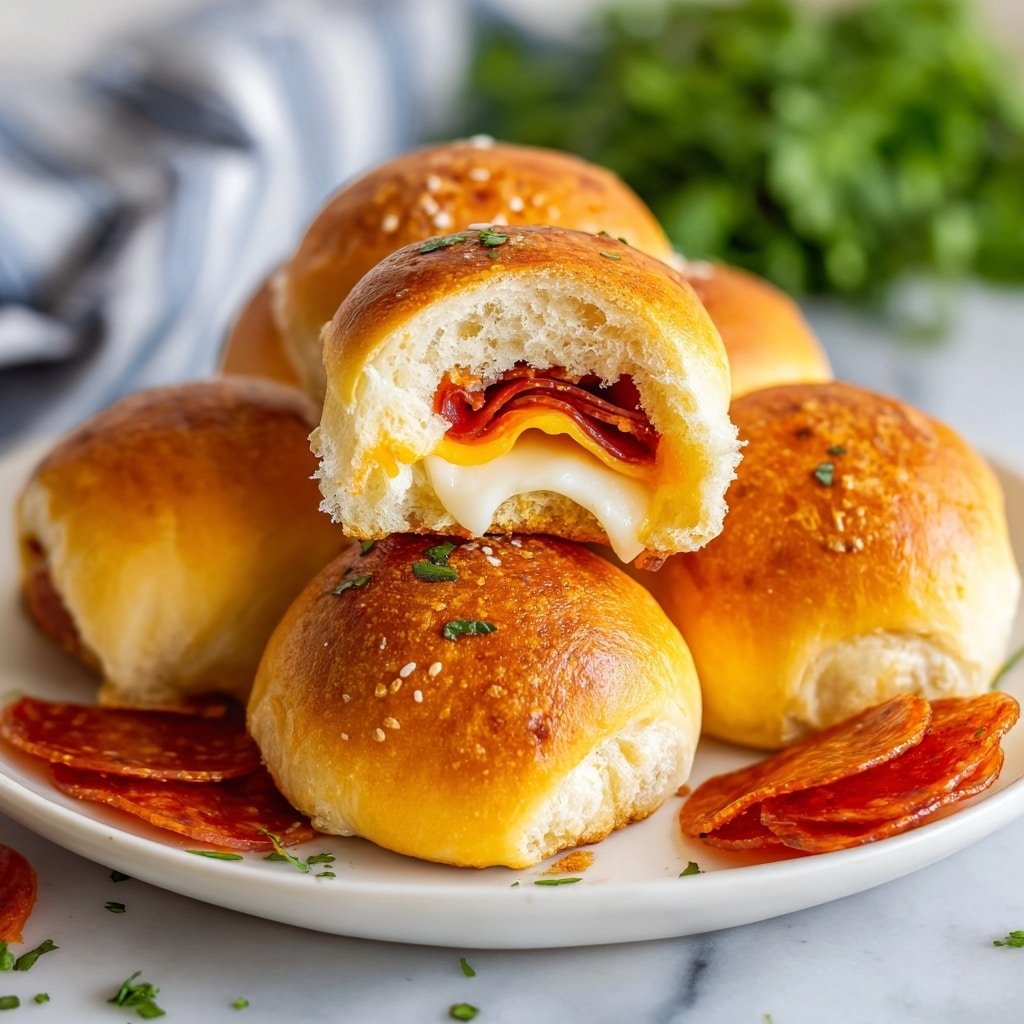The image shows a white plate with five soft, shiny golden-brown rolls stacked together, each roll having a smooth, slightly toasted surface with delicate cracks and a tight, rounded shape. Around the rolls, there are bright red slices of pepperoni with a glossy texture, some lying flat and some slightly curled at the edges. In the blurred background, there is a glass jar filled with a dark amber beverage and lemon slices, placed on a white marbled surface. A small green leafy garnish is seen on the left edge of the plate, adding a fresh touch. photo taken with an iphone --ar 4:5 --v 7