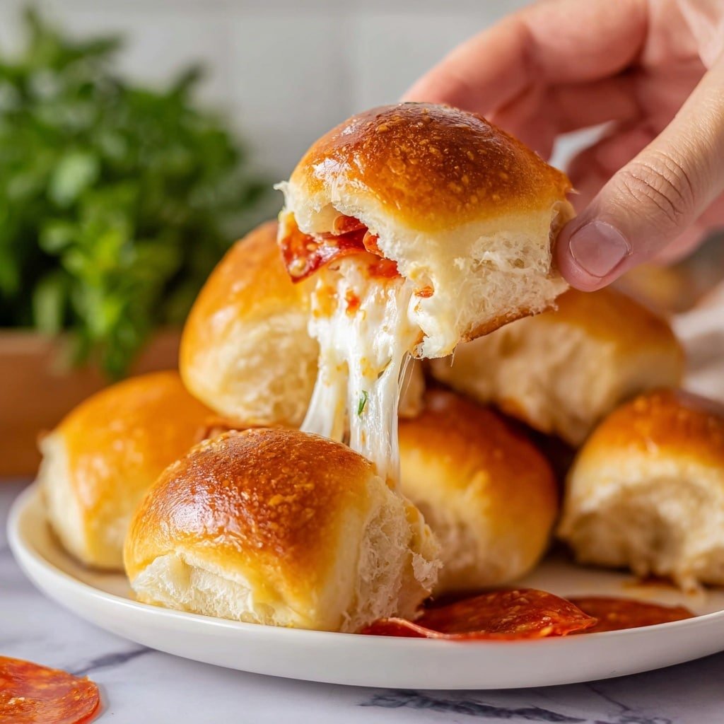 The image shows several pepperoni rolls arranged on a white plate with a decorative floral pattern. Each roll has a smooth, golden-brown outer layer that looks soft and shiny. One roll is broken open at the top, revealing a middle layer of melted white cheese with a stretchy texture and a layer of reddish-orange pepperoni inside. The pepperoni pieces have a slightly shiny surface that contrasts with the matte texture of the dough. The plate is placed on a white marbled surface, and there is some green leafy garnish blurred in the background along with a small pile of pepperoni slices. photo taken with an iphone --ar 4:5 --v 7