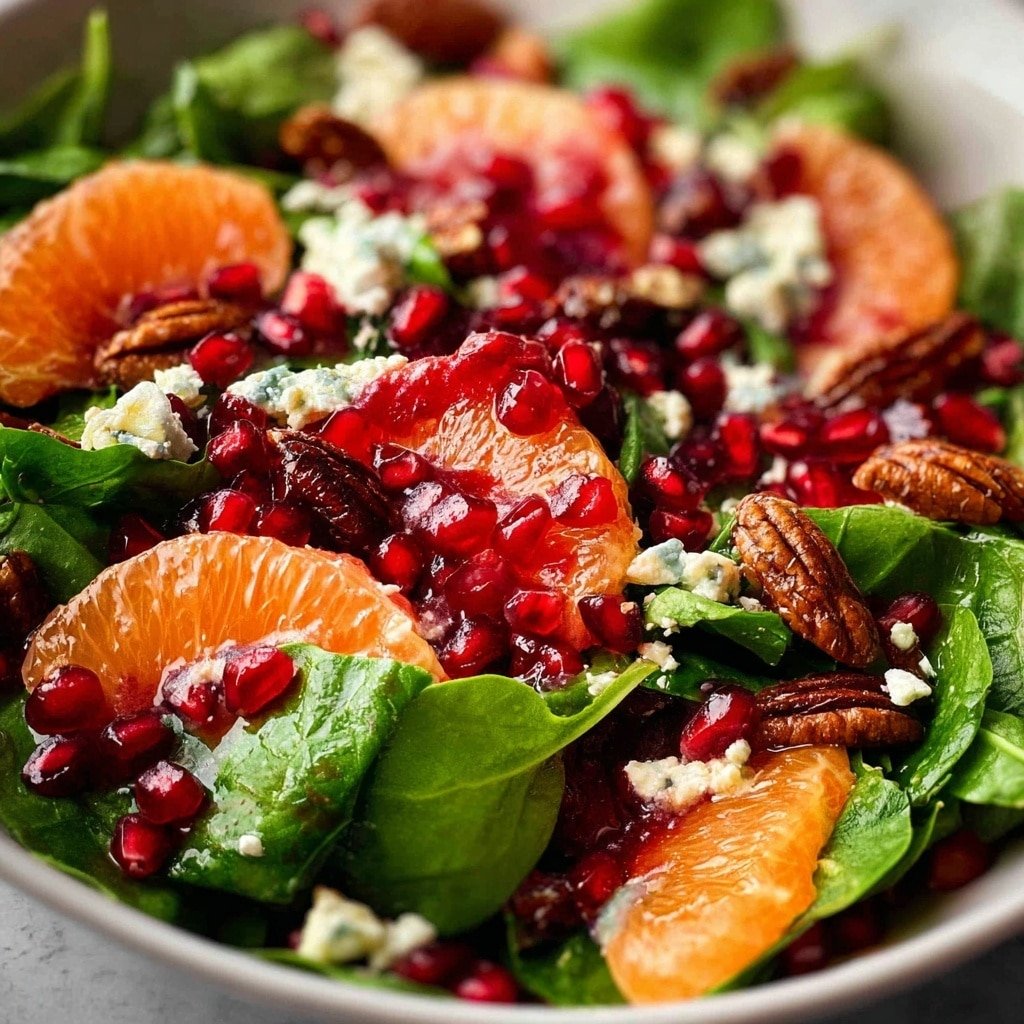The image shows a close-up of a fresh salad in a white bowl. The base layer is green spinach leaves with a fresh and slightly shiny texture. On top of the spinach are bright red pomegranate seeds scattered all over, adding a jewel-like look. There are segments of light orange grapefruit placed evenly around the salad, showing a juicy and soft texture. Small chunks of white cheese with a crumbly texture are sprinkled throughout, along with whole, roasted brown pecans that have a glossy surface. The colors of red, green, orange, white, and brown create a vibrant and colorful mix. The photo is taken with an iphone --ar 4:5 --v 7