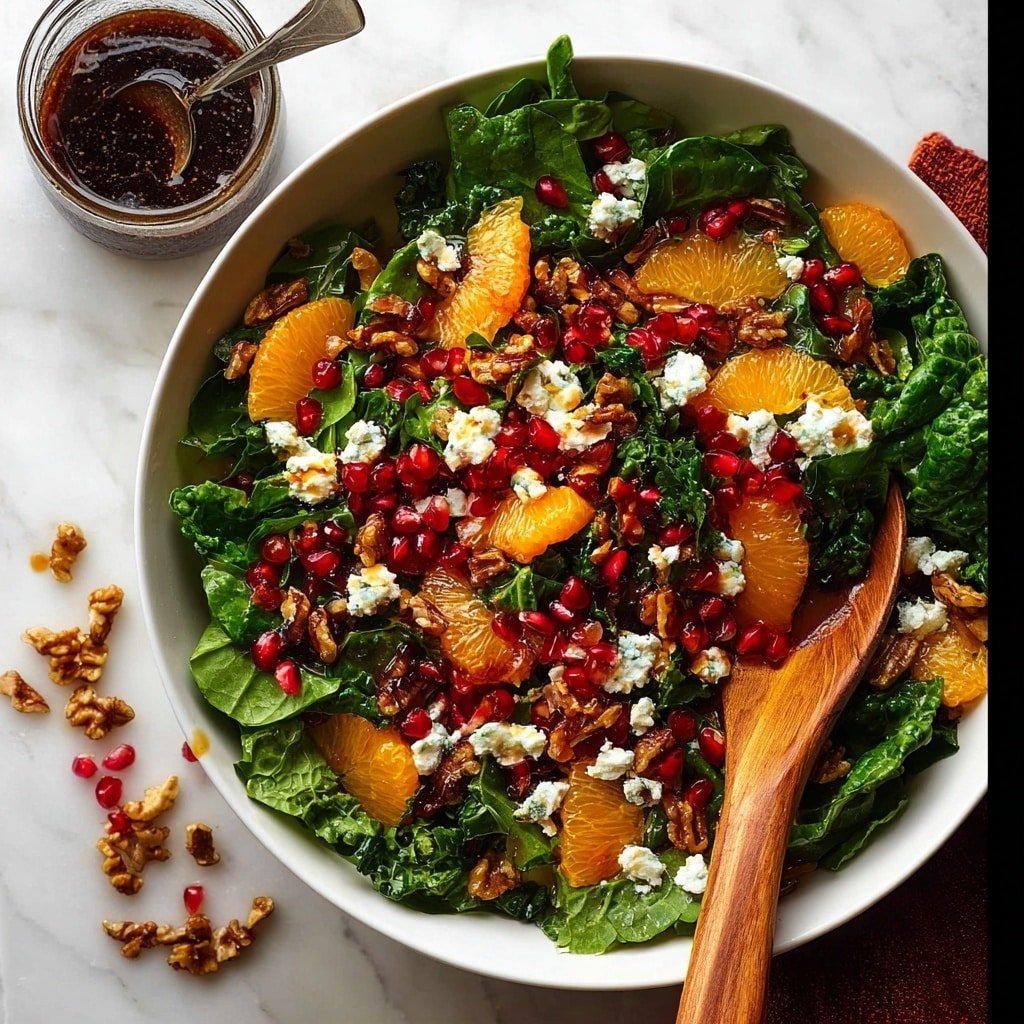 A white bowl filled with a salad showing three main layers: the bottom layer is dark green spinach leaves, the middle layer is chopped deep green kale, and the top layer is sprinkled with bright red pomegranate seeds and chunky golden-brown walnuts. There are also small patches of white and blue cheese crumbles scattered on top. A vintage silver fork rests inside the bowl, leaning against the side. Around the bowl on a white marbled surface lie broken pieces of a red pomegranate with its seeds visible. Photo taken with an iphone --ar 4:5 --v 7
