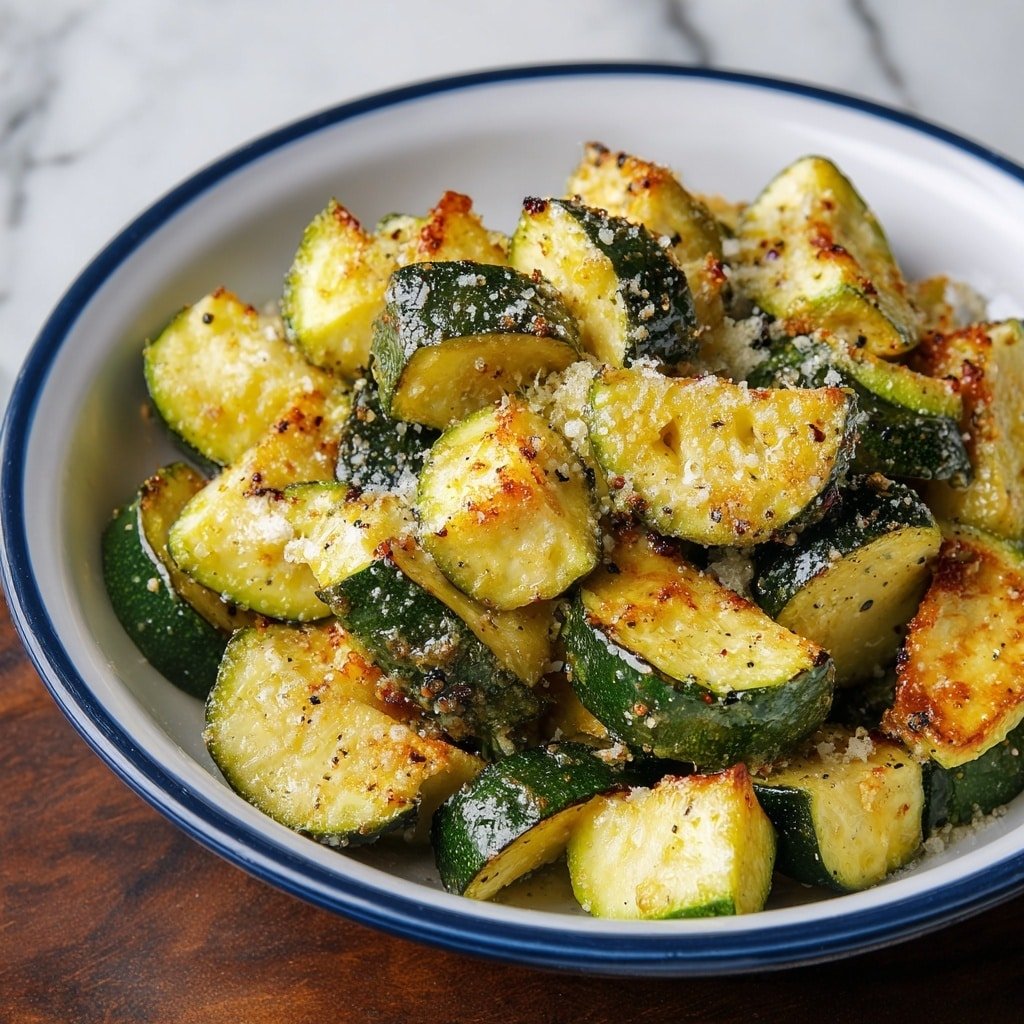 The dish is a close-up view of many pieces of cooked zucchini inside a white bowl with a blue rim. The zucchini pieces are cut into thick, uneven slices with green skin and soft, light yellow inside. They have a golden brown color on some edges, showing a crispy and cooked texture. The zucchini is sprinkled with coarse salt and black pepper, adding small white and black specks. The bowl is set on a dark wooden surface with a white marbled background. photo taken with an iphone --ar 4:5 --v 7