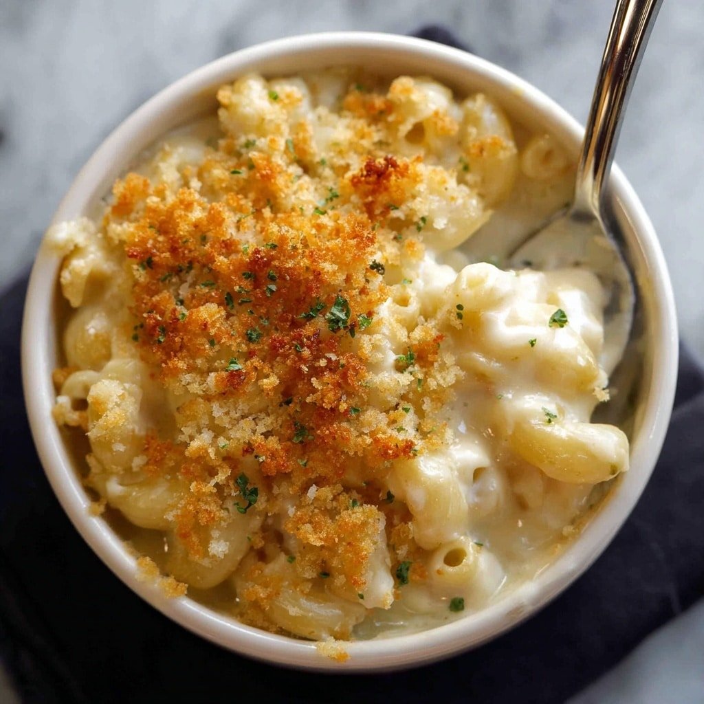 (camera top view ongle shot) A close view of a round white bowl filled with creamy macaroni and cheese. The dish has three main layers: a base of small curved pasta covered in smooth, thick white cheese sauce, topped with a golden brown crispy crumb layer that looks crunchy and slightly toasted. Small green herb pieces are sprinkled lightly over the crispy topping. A silver spoon is partially placed in the bowl, showing some pasta covered in cheese sauce. The bowl is set on a white marbled surface. Photo taken with an iphone --ar 1:1 --v 7