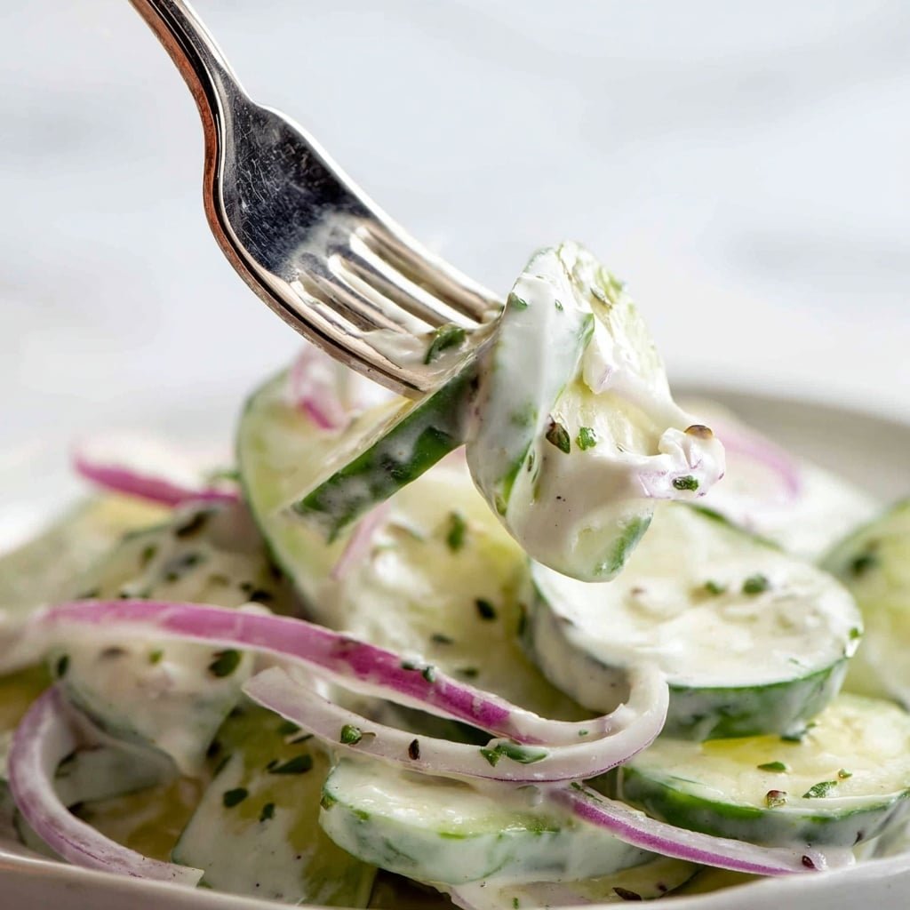 The image shows a close-up of a creamy cucumber salad being lifted by a fork. The salad has thin slices of light green cucumber and thin strips of purple onion, all coated in a thick white dressing speckled with small green herbs. The fork is shiny and metallic, piercing through the salad layers, which look fresh and moist. The background surface is a white marbled texture. Photo taken with an iphone --ar 1:1 --v 7