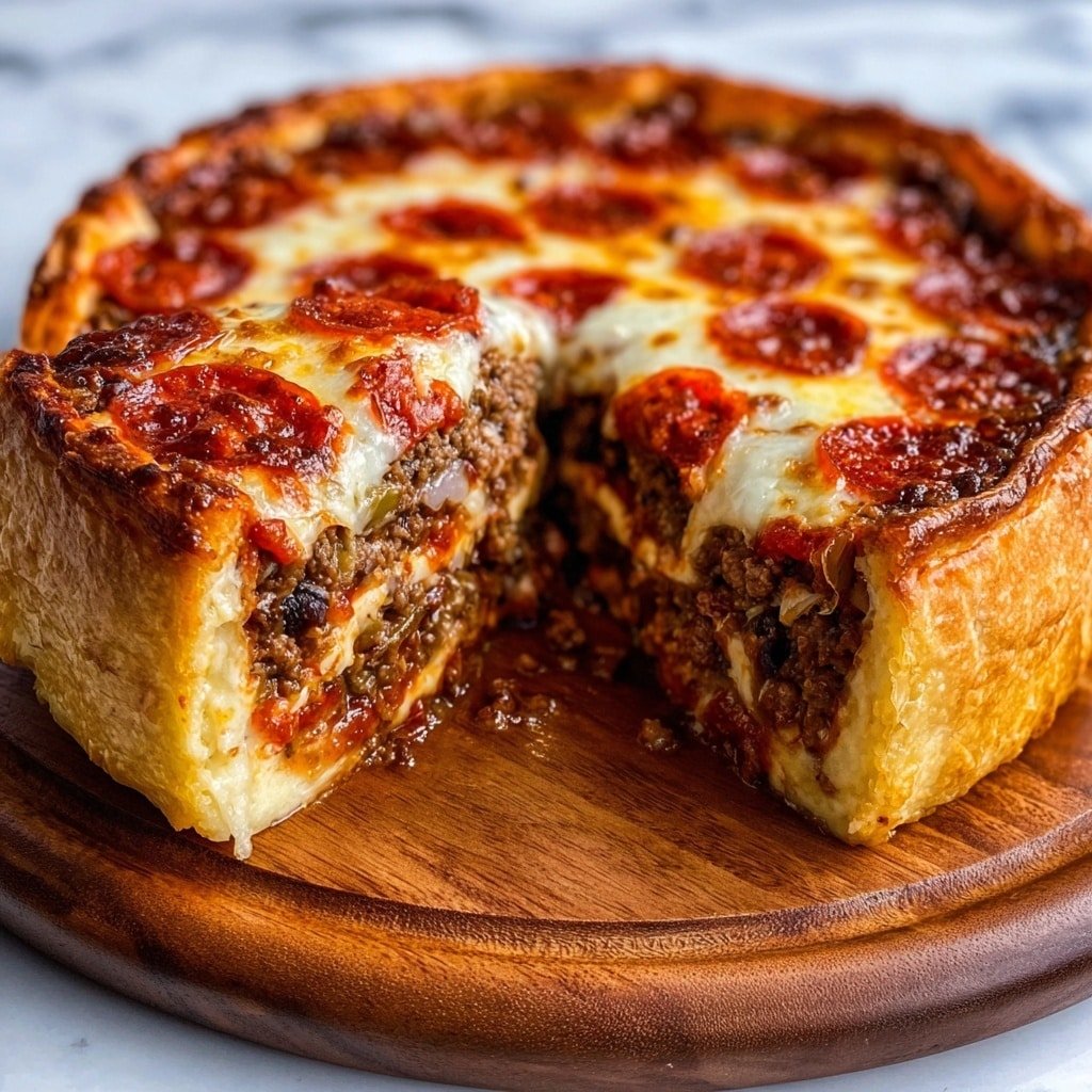 The image shows a deep-dish pizza with thick layers clearly visible. The bottom crust is golden and thick, holding a large amount of filling. Above the crust, there is a thick brown layer of meat sauce mixed with bits of vegetables, packed tightly. On top of the meat sauce, there are slices of shiny pepperoni evenly spread. The top layer is melted, bubbly cheese with a golden-yellow color, covering the pepperoni and edges. One slice is pulled out slightly, showing the layers inside clearly. The pizza is placed on a round wooden board. In the background, there is a white marbled surface. Photo taken with an iphone --ar 1:1 --v 7