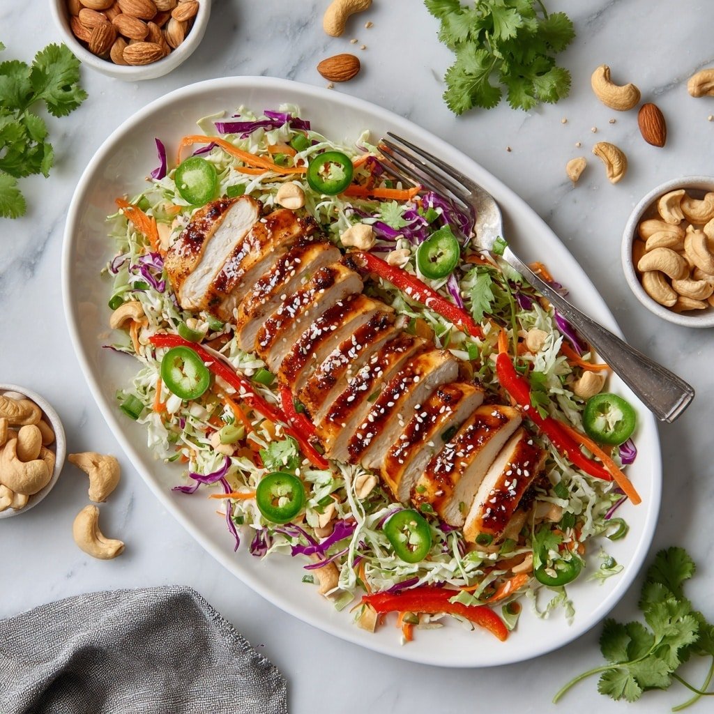 The image shows a white oval plate filled with a colorful salad base made of shredded green and purple cabbage, orange carrot strips, and thin slices of red bell pepper evenly spread around the plate. On top, there are two rows of sliced grilled chicken with a shiny, brown glaze. The chicken slices are arranged in neat layers showing the white meat inside. The salad is garnished with green jalapeño rings, chopped green onions, fresh green cilantro leaves, white sesame seeds, and a mix of whole cashews and almond slices scattered over both the salad and chicken. A silver fork is resting on the right side of the plate. The plate sits on a white marbled surface, surrounded by small bowls of cashews and almonds, some loose almond slices, a few sprigs of cilantro, and a gray cloth in the bottom left corner. photo taken with an iphone --ar 1:1 --v 7