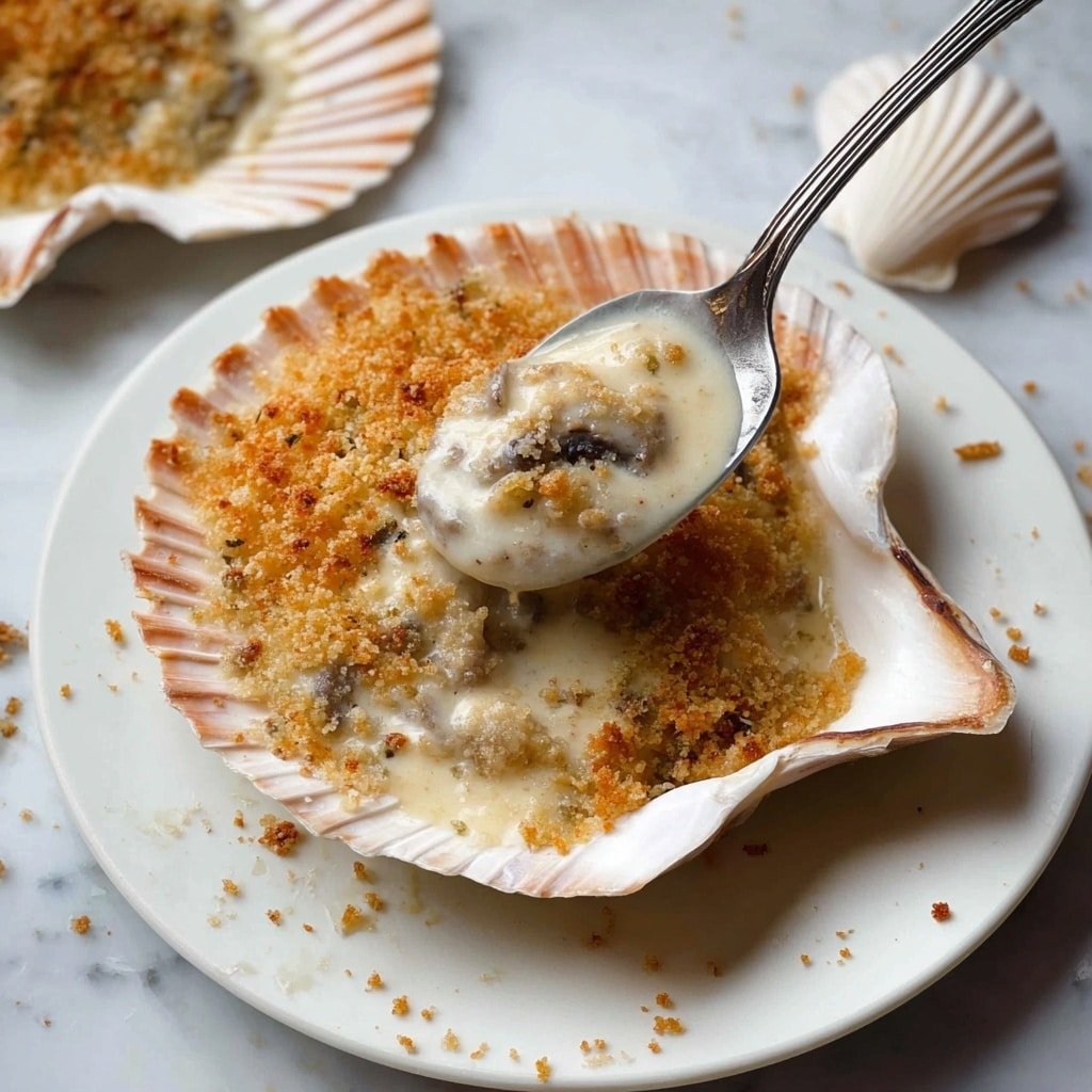 A white scallop shell filled with a creamy mushroom sauce is topped with a golden brown crumb layer that looks crispy and slightly uneven. A silver spoon lifts some of the creamy sauce with visible small mushroom pieces. The shell sits on a white plate with a few crumbs scattered around it and more empty white scallop shells nearby. The background is a white marbled surface. photo taken with an iphone --ar 1:1 --v 7