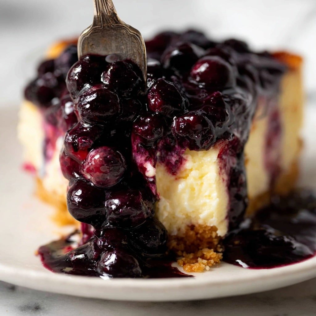 The image shows a slice of blueberry cheesecake on a white plate with a white marbled background. The cheesecake has three visible layers: a thick, golden-brown crumbly crust on the bottom and sides; a creamy, pale yellow cheesecake middle layer with swirls of deep purple blueberry mixed inside; and on top, a shiny, thick layer of whole dark blue-black blueberries covered in a glossy blueberry sauce that drips slightly onto the plate. The texture of the crust looks crunchy while the cheesecake layer appears smooth and soft. A woman's hand holds a spatula slightly lifting the slice on the left side. Photo taken with an iphone --ar 1:1 --v 7