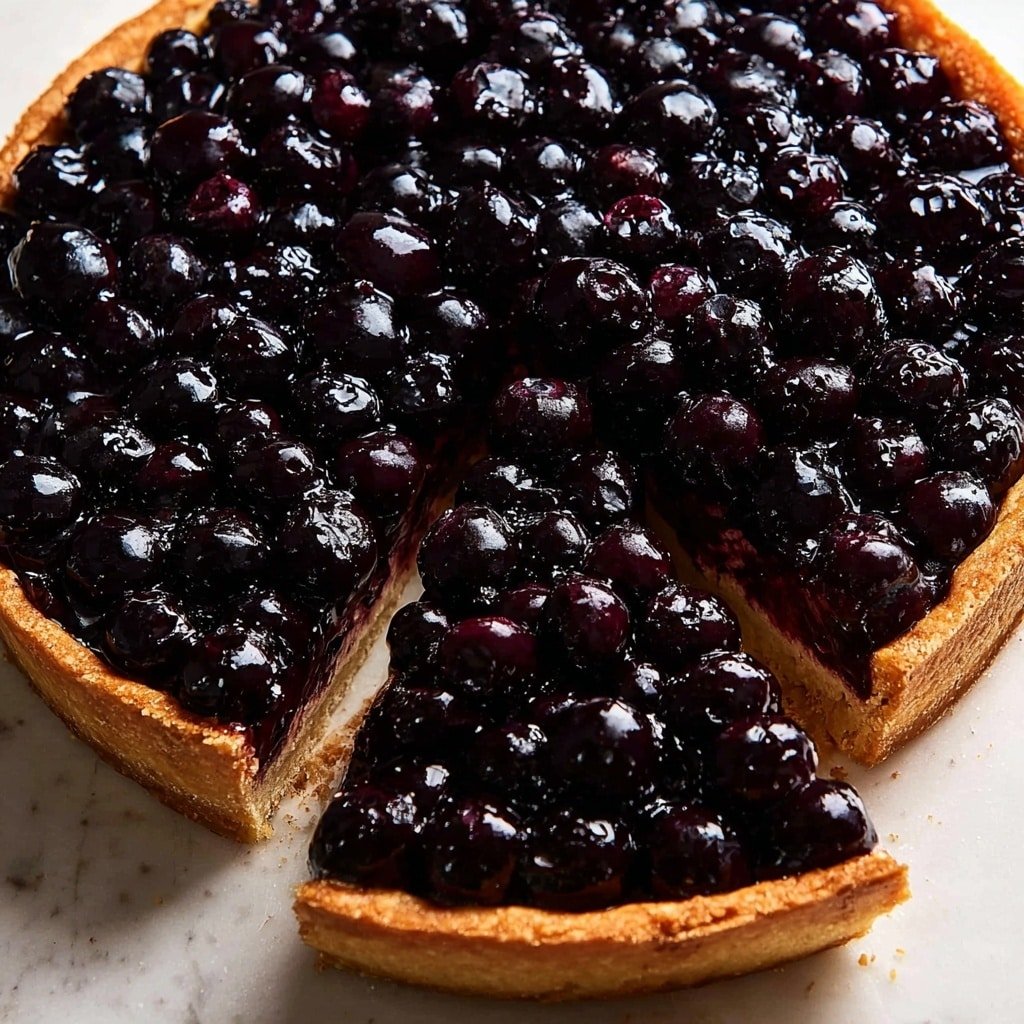 A round tart with a golden brown crust forming the base and edge, filled with a shiny, dark purple layer of whole blueberries that are glossy and piled thickly, covering the tart completely. One slice is slightly lifted to show the even layer of fruit filling over the crust inside. The tart sits on a white marbled surface with a close-up view showing the texture of the crust and the juicy look of the blueberries. photo taken with an iphone --ar 1:1 --v 7