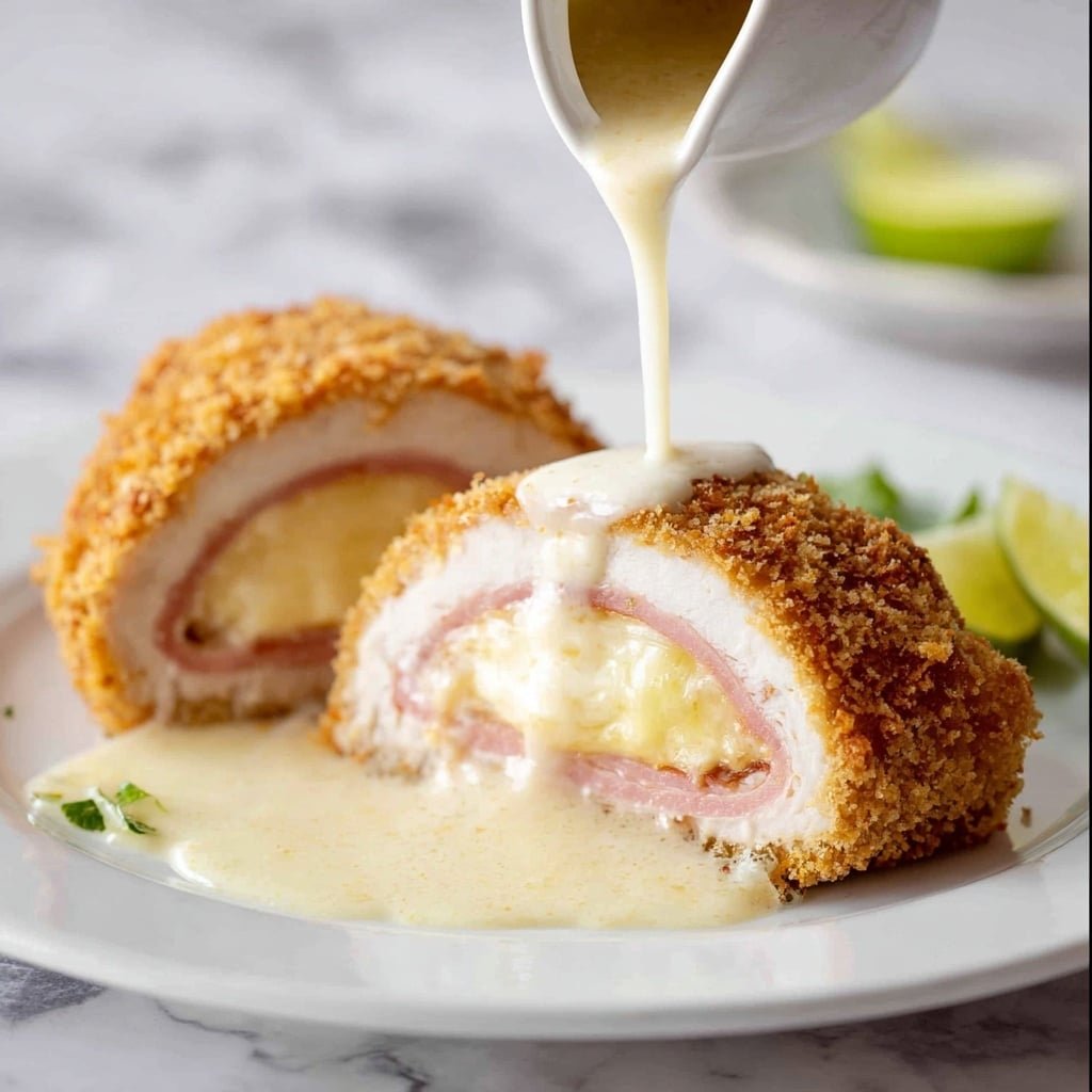 A white plate on a white marbled surface holds a sliced golden-brown breaded roll with three visible layers inside: a bottom white layer, a middle pink layer, and a top light yellow melted layer, showing melted cheese and ham inside. A creamy white sauce is being poured over the sliced roll from a small white jug, pooling slightly on the plate. In the background, out of focus, are two lime wedges and a small green garnish. photo taken with an iphone --ar 1:1 --v 7