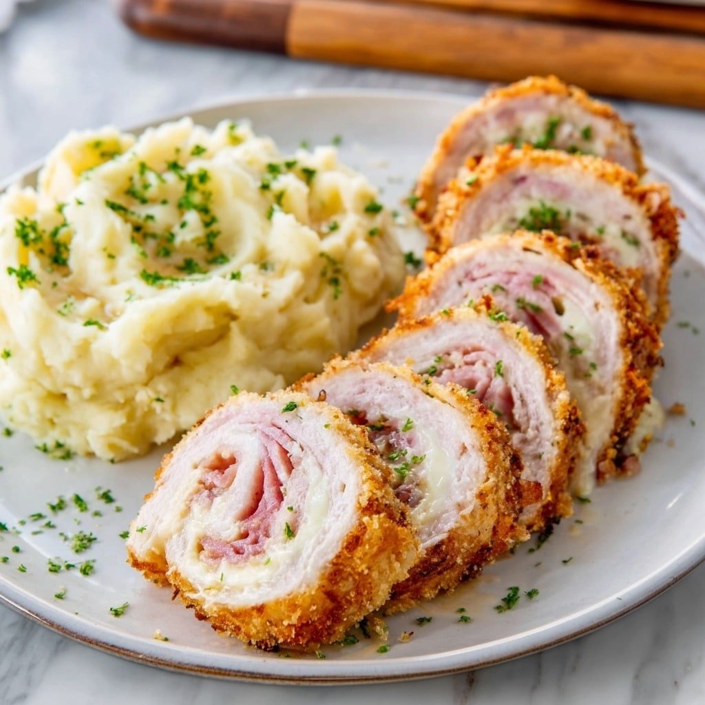 The image shows a white plate with five slices of a stuffed, breaded roll arranged in a slightly curved line on the right side. The roll has a crispy golden-brown crust, with visible layers inside including light pink ham, creamy light cheese, and white meat. On the left side of the plate, there is a serving of mashed potatoes with a smooth and slightly chunky texture, sprinkled with small green parsley bits. The plate is placed on a white marbled surface with a blurred wooden cutting board in the background. photo taken with an iphone --ar 1:1 --v 7