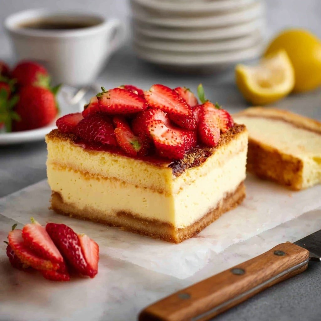 The dish shows a rectangular layered cake with three distinct layers of soft yellow sponge, topped with a golden brown crust. On top, there is a generous pile of sliced red strawberries with a glossy look. One thick slice is cut and placed in front of the cake on a white paper liner over a dark wooden board. Around the board are whole strawberries and a knife with a worn wooden handle. In the background, there is a white cup filled with dark coffee, a halved lemon, and stacked white plates with white napkins. The whole setting is on a white marbled surface. photo taken with an iphone --ar 1:1 --v 7