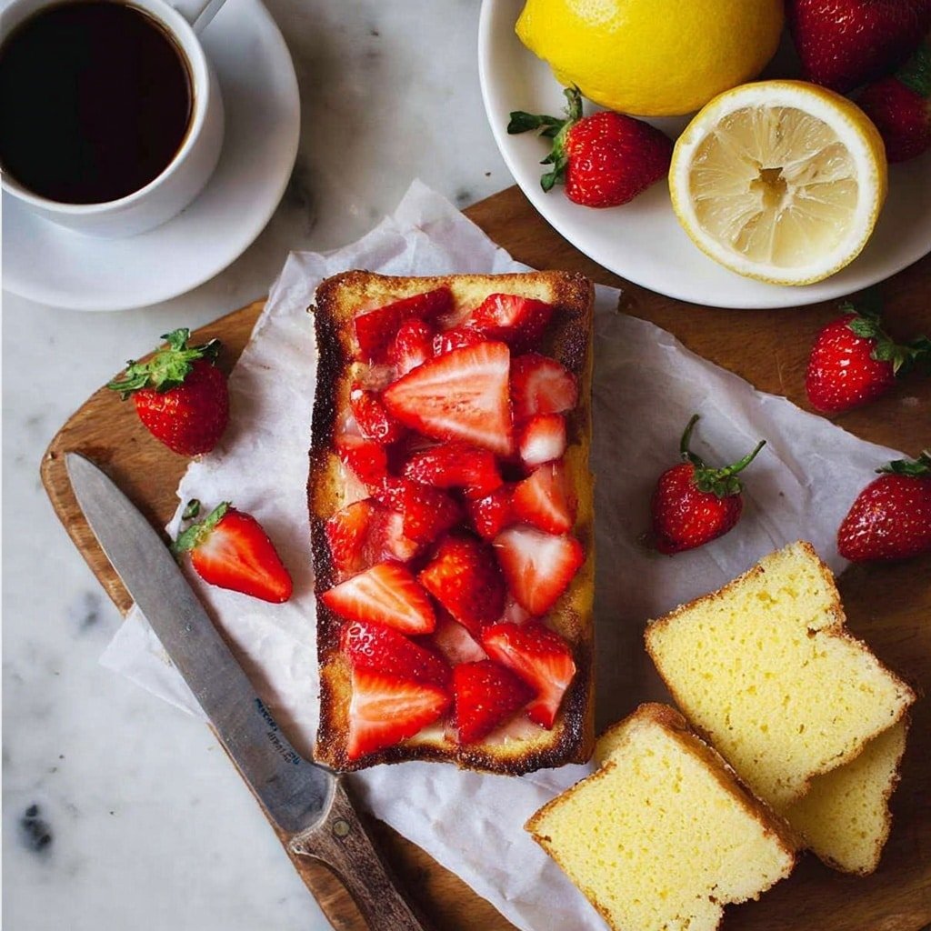 The image shows a toasted rectangular piece of bread placed on a sheet of white parchment paper on a wooden surface. The toast has a dark brown, slightly crispy layer on top and is covered with a thick layer of fresh, sliced red strawberries arranged evenly. To the bottom right, two slices of a light yellow sponge cake with a fluffy texture are stacked slightly overlapping. Around the food, there are whole strawberries scattered and a large knife with a wooden handle resting on the parchment paper. At the upper part of the image, there is a white plate on a white marbled surface holding a whole yellow lemon, a half lemon with visible seeds, and more fresh strawberries. To the left, a white cup on a matching saucer filled with dark coffee is partially visible. photo taken with an iphone --ar 1:1 --v 7