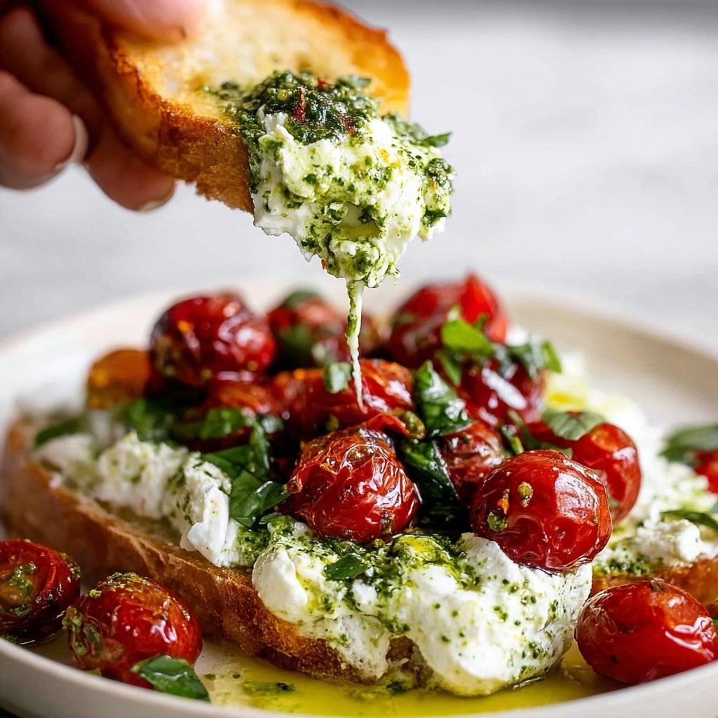This image shows a close-up of a piece of toasted bread being lifted by a woman's hand. The bread is light brown and crunchy looking, topped with a mix of creamy white soft cheese, bright green fresh basil leaves, and small, shiny red cherry tomatoes coated in vibrant green pesto sauce. The cheese looks soft and slightly melted with some oily droplets, and the pesto sauce drips slightly off the bread. The dish is served on a white plate covered with more of the same creamy cheese, cherry tomatoes, basil, and pesto, all sitting on a white marbled surface. Photo taken with an iphone --ar 1:1 --v 7