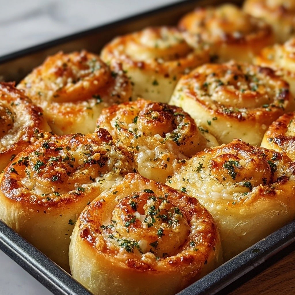 The image shows a close-up view of a tray filled with golden brown spiral-shaped rolls. Each roll has many layers of soft dough with melted cheese in between, topped with small green herb bits and sprinkled salt crystals. The rolls appear fluffy with a slightly crispy outside and a shiny, baked texture. The background is a white marbled surface, and the rolls fill the tray tightly, showing a warm, inviting appearance. photo taken with an iphone --ar 1:1 --v 7
