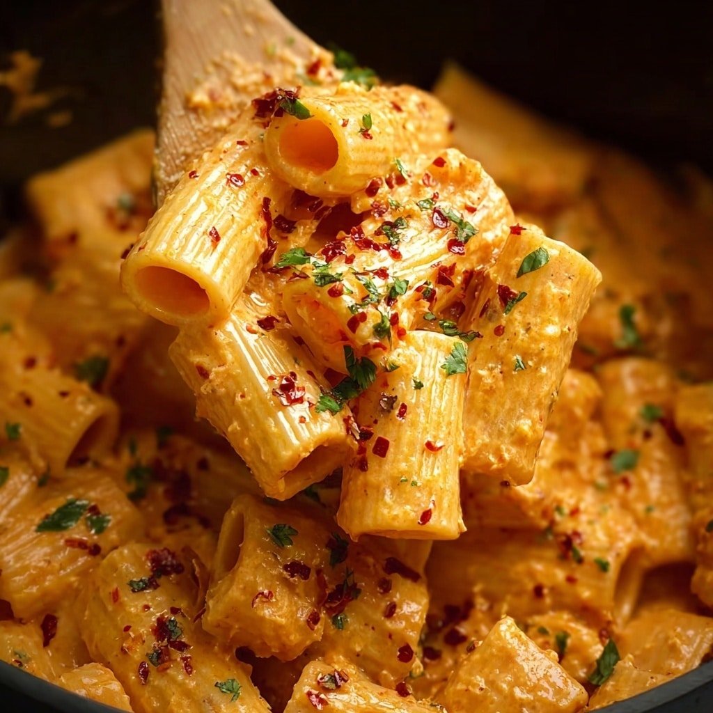 A close-up view of rigatoni pasta coated in a creamy orange sauce, lifted by a wooden spoon from a pot. The pasta tubes show a textured, ridged surface, each piece well covered in the sauce. On top, small green parsley bits, red chili flakes, and grated cheese are sprinkled, adding pops of color and texture. The background shows more pasta in the pot, with the sauce looking rich and smooth. The whole scene has warm lighting that highlights the glossy sauce and spices. photo taken with an iphone --ar 1:1 --v 7