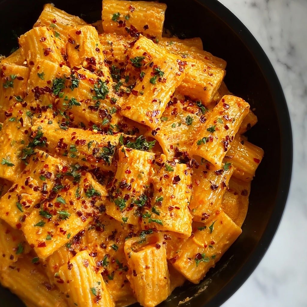 The image shows a close-up of rigatoni pasta in a black pan. The rigatoni pieces are thick, tube-shaped, and covered in a creamy, orange-colored sauce with a smooth texture. The pasta is sprinkled evenly with small dark red chili flakes and chopped green herbs, adding contrast and freshness to the dish. The sauce clings well to the pasta, giving it a shiny, coated look. The pan fills the entire frame, and the background shows a white marbled surface. Photo taken with an iphone --ar 1:1 --v 7