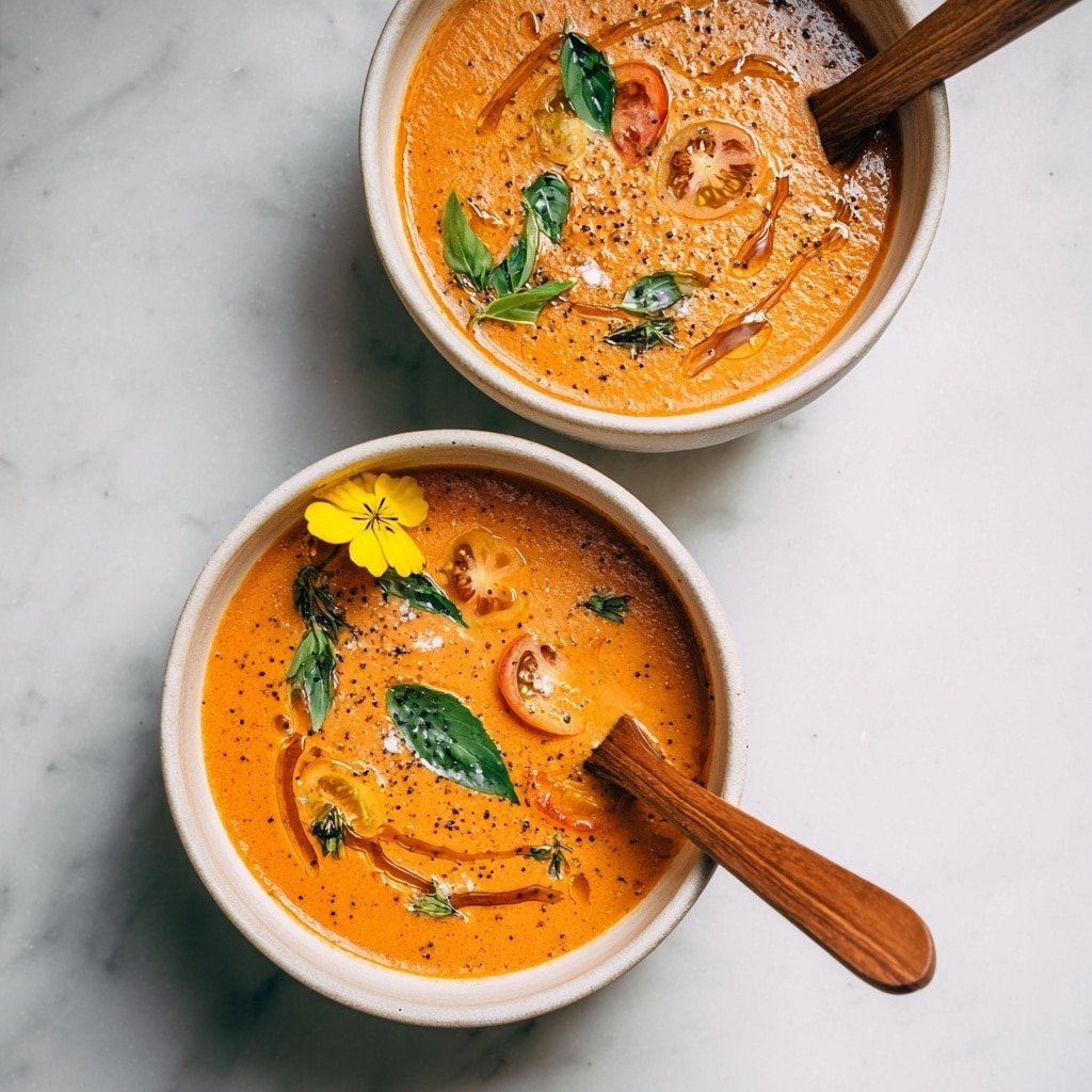 Two white bowls filled with bright orange creamy soup are placed on a white marbled surface. Each bowl has swirls of olive oil on top, small green basil leaves scattered, and some yellow flower petals adding color. One bowl shows two halves of small yellow tomatoes and a few grains of coarse salt on the side. A wooden spoon rests inside each bowl, angled outward. The soup looks smooth and thick with a few bubbles on the surface. Photo taken with an iphone --ar 1:1 --v 7