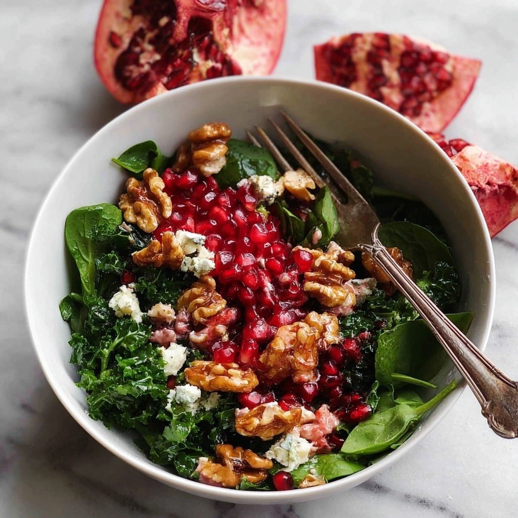 Pomegranate Salad with Spinach, Kale, Honey Walnuts, and Pomegranate Dressing Recipe