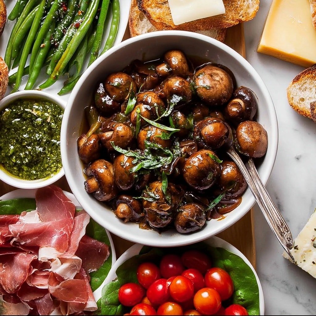 A white bowl in the center is filled with shiny brown cooked whole mushrooms topped with small green herbs, with a silver fork resting inside the bowl. Around the bowl, there are green beans and a small white bowl with red and white beans. Below, there are neatly placed slices of pink cured meat on green spinach leaves, with bright red cherry tomatoes scattered near them. In the background, there are slices of pale yellow cheese and a white bowl with green pesto sauce, all placed on a white marbled surface. Photo taken with an iphone --ar 4:5 --v 7