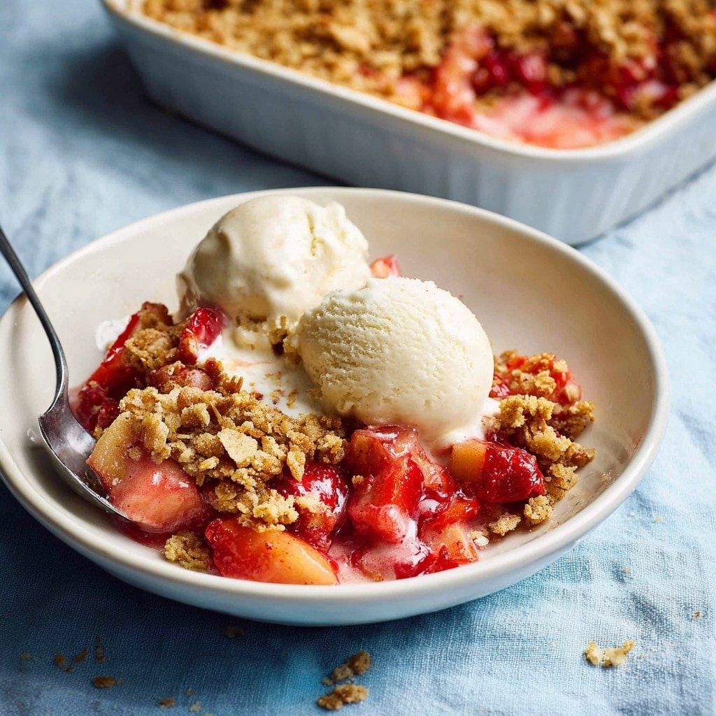 A white bowl holds a dessert with three main layers: at the bottom, bright red stewed fruit pieces mixed with soft pink chunks; above this, a layer of light brown, crumbly oat topping scattered unevenly; on top, two creamy white scoops of ice cream that are slightly melting, blending with the fruit and crumbs. The bowl is placed on a light blue cloth with some crumbs spilled beside it. A silver spoon is tucked into the dessert on the left side of the bowl. In the background, a white baking dish filled with the same oat topping and fruit mixture is partially visible. Photo taken with an iphone --ar 1:1 --v 7