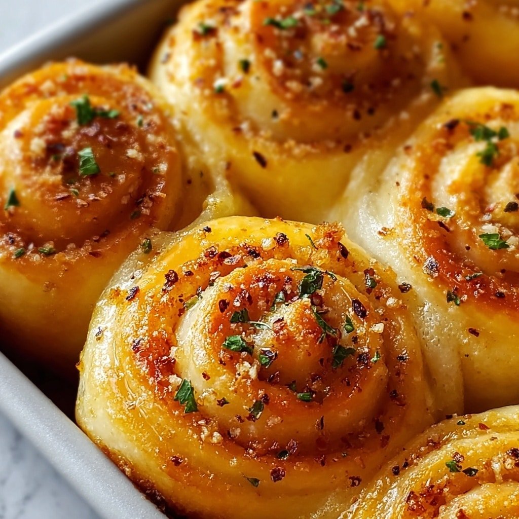 This image shows a close-up of several golden brown garlic rolls arranged in a white tray on a white marbled surface. Each roll has a spiral shape made of light yellow dough with a shiny, slightly crispy texture on the outside. The tops of the rolls are sprinkled with coarse salt, black pepper, and finely chopped green herbs that add small green and dark dots over the warm golden surface. The rolls' layers look soft inside but have lightly toasted ridges creating a textured swirl pattern on each roll. The overall color is warm and inviting with a mix of pale yellow dough and browned crispy edges. Photo taken with an iphone --ar 1:1 --v 7