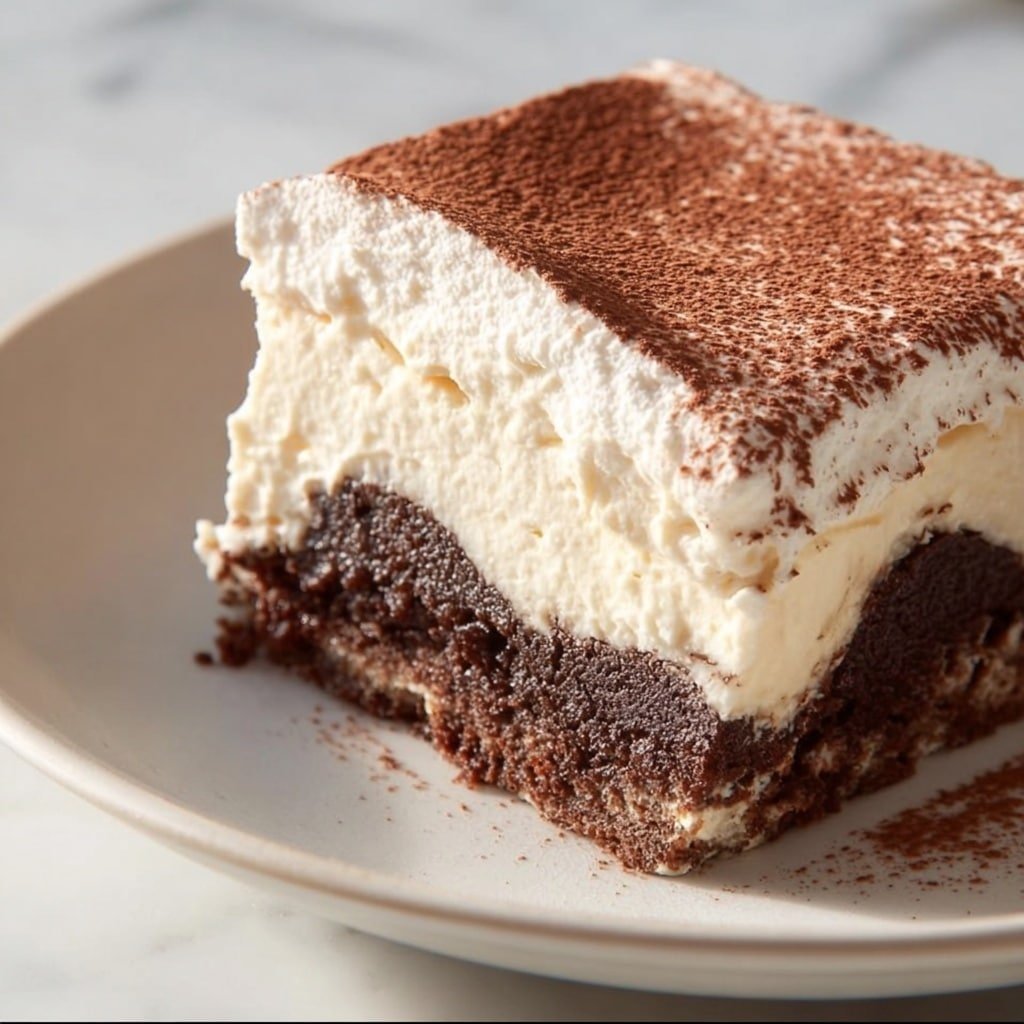 The image shows a slice of cake on a white plate with a white marbled surface underneath. The cake has two main layers: the bottom layer is thick and dark brown with a rough, moist texture, and the top layer is thick, creamy, and white with a smooth surface. The top of the cake has a light dusting of cocoa powder, giving it a reddish-brown color and a powdery texture. The slice is slightly angled, showing the clear division between the two layers. photo taken with an iphone --ar 1:1 --v 7