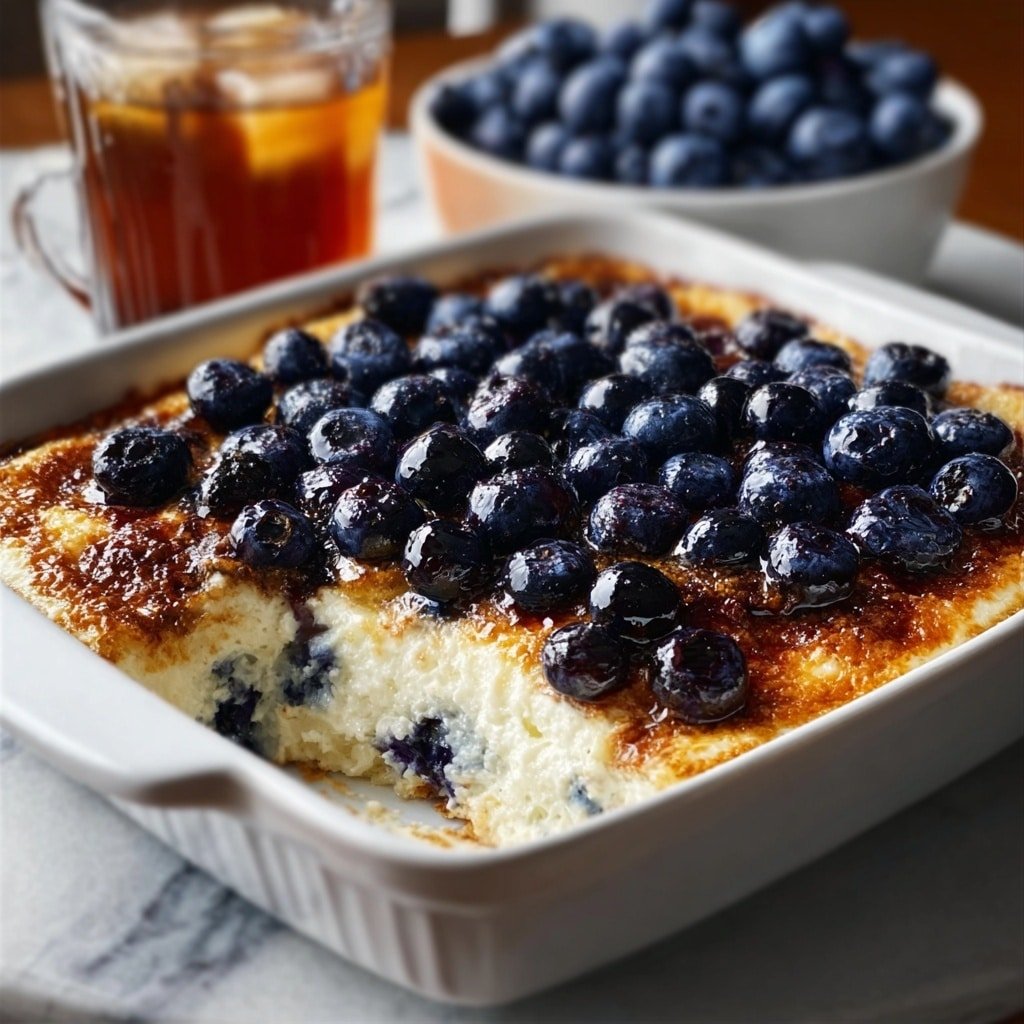 The image shows a white rectangular baking dish filled with a golden-brown baked dessert topped with a thick layer of fresh blueberries. Beneath the blueberries, there is a creamy, slightly browned layer that looks soft and smooth with some darker crispy edges. The dish is placed on a white marbled surface, with a blurred glass of iced tea in the background and a white bowl full of blueberries behind it. A woman's hand is gently holding the edge of the baking dish. Photo taken with an iphone --ar 4:5 --v 7