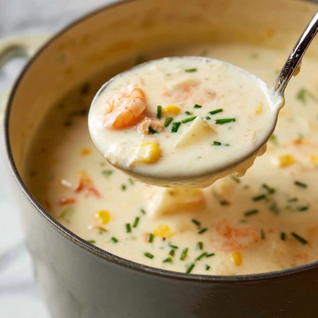 A white bowl with a blue rim is filled with creamy soup that has shrimp, small white chunks of potato, corn kernels, and bits of green chives on top; the soup looks smooth and thick with soft pink shrimp scattered in the middle layer. A silver spoon rests inside the bowl on the right side. The bowl sits on a white plate with a light blue cloth beneath it on a white marbled surface. Pieces of torn golden bread are placed around the bowl with a few green chive stems lying diagonally near the bottom right side of the image. Another similar bowl of soup is slightly out of focus in the background. Photo taken with an iphone --ar 4:5 --v 7