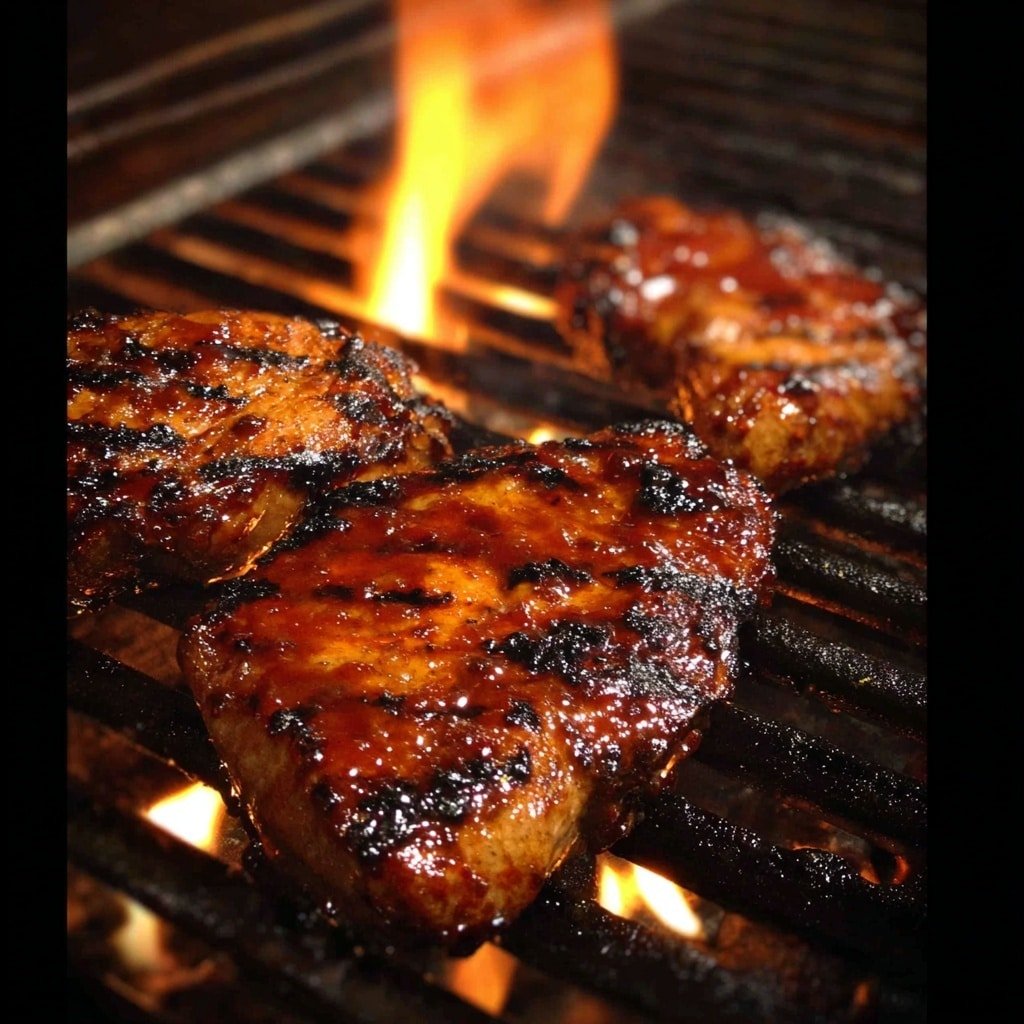 Three pieces of grilled meat with a shiny, reddish-brown glaze sit directly on black grill grates. The meat shows dark char marks with a slightly crispy texture and small areas of blackened edges. Bright orange flames flicker beneath the grill, adding warmth and a smoky feel. The background is dark, focusing on the meat and flames. photo taken with an iphone --ar 4:5 --v 7