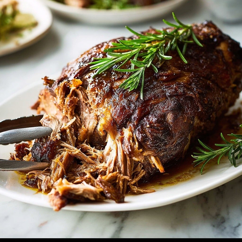 A large cooked piece of meat with a dark brown, crispy outer layer sits on a white plate, garnished with fresh green rosemary sprigs on top. The meat shows a rough texture where it is shredded or pulled apart, revealing moist and tender inner layers in a lighter brown color. A pair of metal tongs is holding a piece of the shredded meat near the bottom left side of the plate. The plate rests on a white marbled surface, with blurred plates and food in the background. Photo taken with an iphone --ar 4:5 --v 7