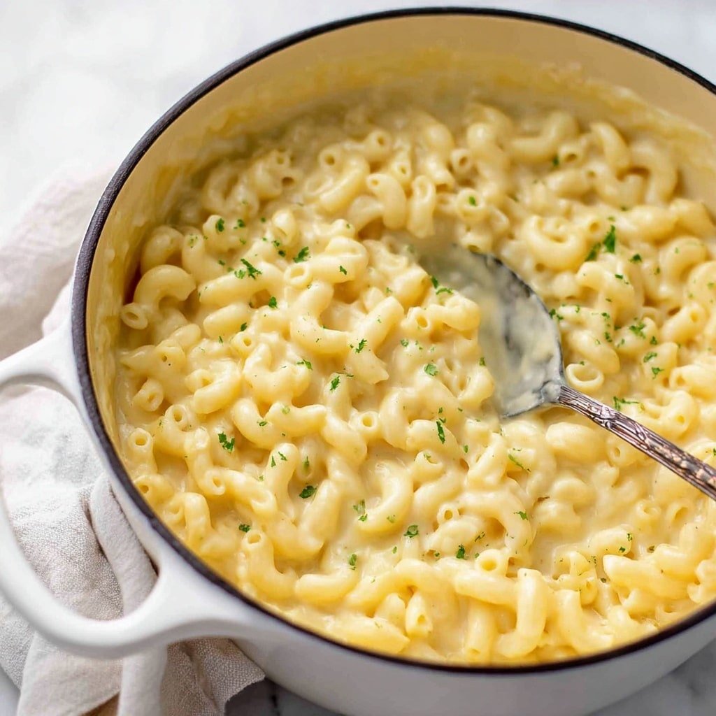 The image shows a close-up of a white pot filled with creamy macaroni and cheese. The top layer consists of small elbow pasta coated evenly in a smooth, light yellow cheese sauce. Some tiny green herb pieces are sprinkled on top, adding color contrast to the dish. A silver spoon rests inside the pot, with its handle sticking out, partially covered by the cheese sauce and pasta. The background is a white marbled surface with a light-colored cloth nearby. Photo taken with an iphone --ar 4:5 --v 7