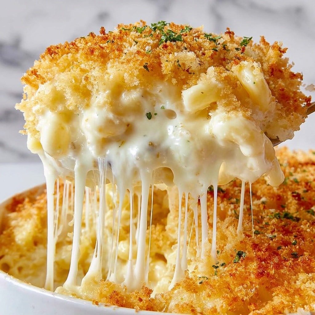 A round black cast iron pan filled with a baked dish that has a golden crispy breadcrumb topping with light browned spots scattered across. Small bits of chopped green herbs are sprinkled on top, adding contrast to the warm yellow and brown crumb layer. The edges show a slightly thicker crust with a creamy white sauce peeking out. The pan rests on a white marbled surface. photo taken with an iphone --ar 1:1 --v 7