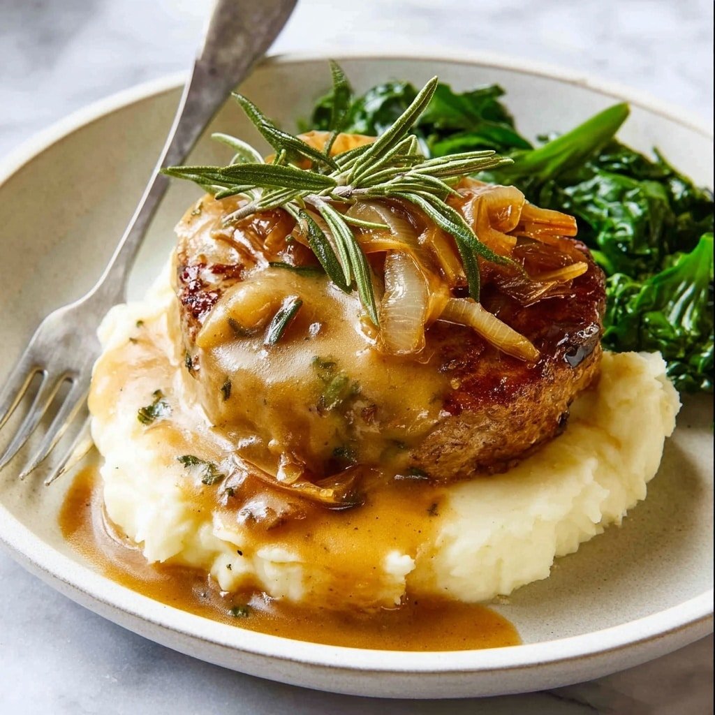 A white plate holds a three-layer dish starting with a smooth, creamy white mashed potato base covering the plate bottom. On top of it rests a golden-brown, well-seasoned grilled meat patty with a slightly crispy edge. The patty is topped with a thick, slightly melted layer of pale yellow cheese. Over the cheese and mashed potatoes, there is a rich, glossy brown onion gravy with visible sliced cooked onions spread unevenly. A small green herb garnish stands at the top center for a touch of color, all placed on a white marbled surface. Photo taken with an iphone --ar 1:1 --v 7