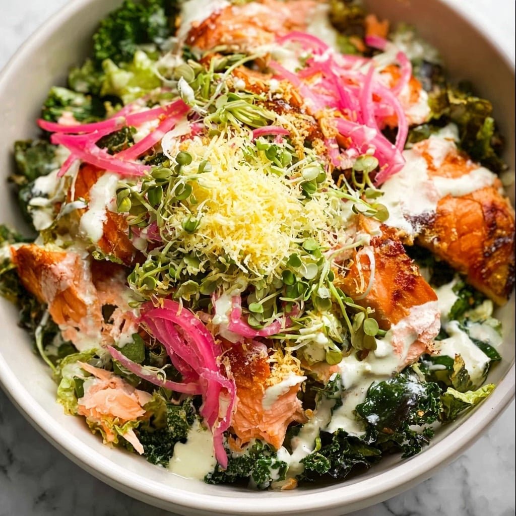 camera top view ongle shot. The dish is served in a white bowl placed on a white marbled surface. It has several layers starting with a base of green leafy lettuce and kale. On top, there are chunks of cooked salmon with a reddish-brown crisp skin. Bright green pea shoots and thin, pale green vegetable strips cover much of the bowl. Scattered around are pickled pink onion slices adding a touch of vibrant color. The dish is topped with a sprinkle of grated white cheese and drizzled with a creamy white herb sauce. photo taken with an iphone --ar 1:1 --v 7