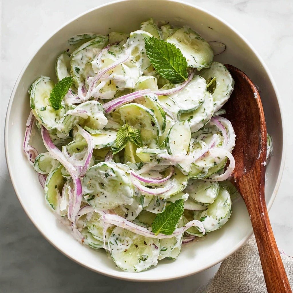 The image shows a white bowl filled with a creamy cucumber salad. The salad has thin green cucumber slices mixed evenly with thin pale purple onion strips, all coated in a white dressing with small green herb bits scattered throughout. A few fresh green mint leaves rest on top, adding color contrast. A spoon with a thick wooden handle is partly inside the bowl on the right side. The bowl sits on a white marbled surface. photo taken with an iphone --ar 1:1 --v 7