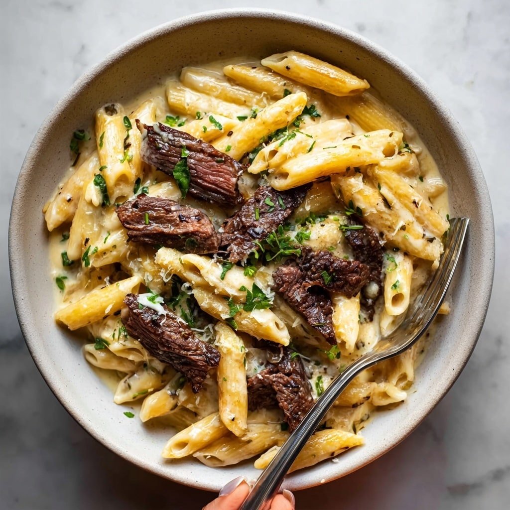 The image shows a bowl of creamy pasta with grilled beef slices on top. The bowl is white and placed on a white marbled surface. The pasta is penne, covered in a smooth, light-colored creamy sauce with small green herbs sprinkled throughout. Dark brown grilled beef pieces are scattered over the pasta, some resting on top in the center. There is a silver fork inserted in the pasta on the right side of the bowl, with a woman's hand holding it. Photo taken with an iphone --ar 1:1 --v 7