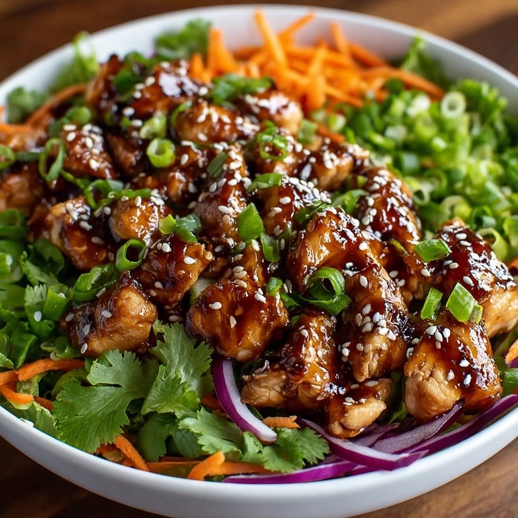 A white bowl filled with a layered salad. The bottom layer has fresh green cilantro leaves mixed with thin orange carrot strips and slices of purple onion. On top of this is a layer of chopped green onions scattered evenly. The top layer is made of bite-sized chicken pieces glazed with a shiny dark brown sauce, sprinkled with white sesame seeds, giving a rich and colorful look. The dish is bright and fresh with a mix of green, orange, purple, and brown colors, showing a nice balance of cooked and fresh ingredients. photo taken with an iphone --ar 1:1 --v 7