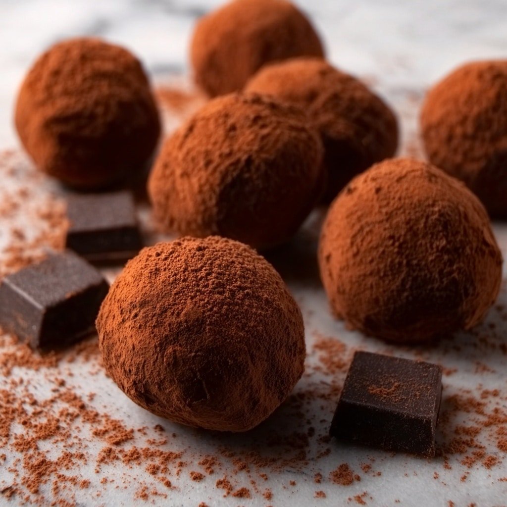 A white plate sits on a white marbled surface, piled high with two kinds of round truffles stacked in several layers. The bottom layer shows dark brown truffles covered in smooth cocoa powder, while the top layer has truffles coated in white shredded coconut. Some truffles are scattered on the surface around the plate, with cocoa powder lightly smudged nearby. In the background, a white cup with a warm drink is slightly out of focus. The light is soft, highlighting the texture contrast between the cocoa powder and shredded coconut. Photo taken with an iphone --ar 1:1 --v 7