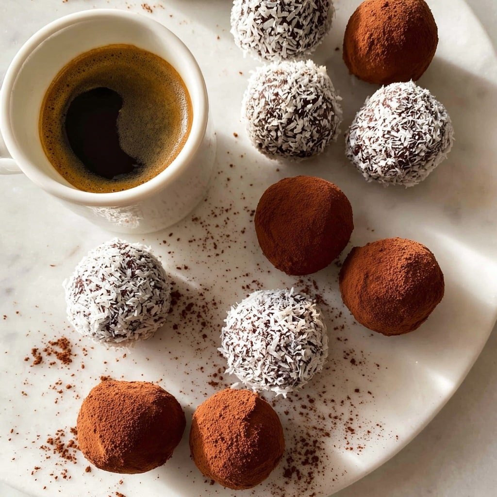 A white plate with a white marbled texture holds several round chocolate truffles arranged loosely. The truffles have two types of coatings: half are covered with fine dark brown cocoa powder, giving them a smooth matte look, while the others are coated with shredded white coconut, making them look rough and textured. The truffles are placed in a scattered pattern, some showing slight cocoa powder smudges around them on the plate. On the left side of the plate, there is a small white cup filled with dark coffee, the top showing a creamy foam layer. The lighting is soft and natural, highlighting the contrast between the dark truffles and the bright coconut ones. photo taken with an iphone --ar 1:1 --v 7