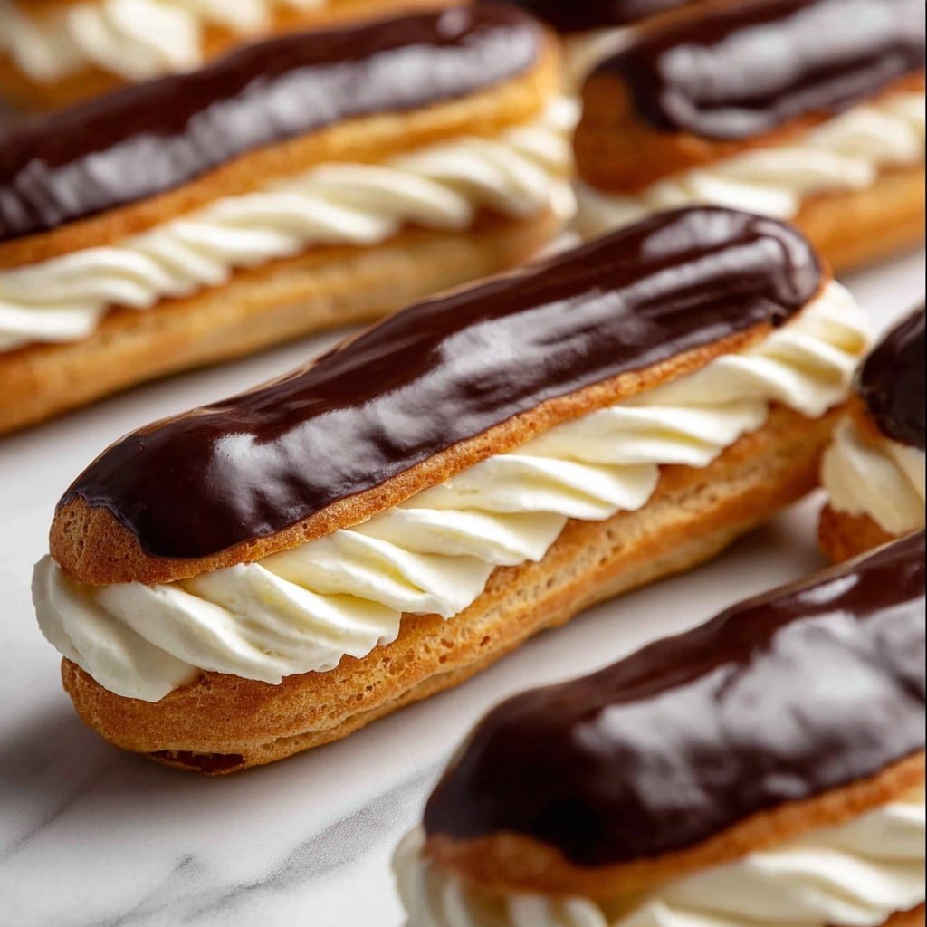 The image shows several éclairs arranged on a white marbled surface. Each éclair has three layers: a light golden brown choux pastry base with a slightly rough texture, a thick middle layer of smooth, white cream piped in neat, wavy lines, and a glossy dark chocolate coating on top. The éclairs are closely placed, with some blurred in the foreground and background, creating a pleasing depth effect. The lighting highlights the shiny chocolate and the creamy texture, making them look fresh and appetizing. photo taken with an iphone --ar 1:1 --v 7