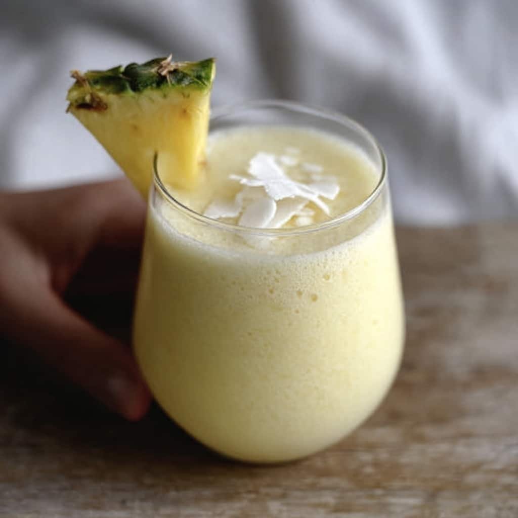 The image shows a tall, clear glass filled with a creamy pale yellow drink topped with white coconut flakes. A small wedge of pineapple with a bit of green skin is placed on the rim of the glass as a garnish. The glass is on a wooden surface with a white marbled background softly blurred. Another similar glass appears out of focus behind the first one. The photo shows the creamy texture of the drink and the fresh, tropical look of the pineapple and coconut flakes photo taken with an iphone --ar 4:5 --v 7