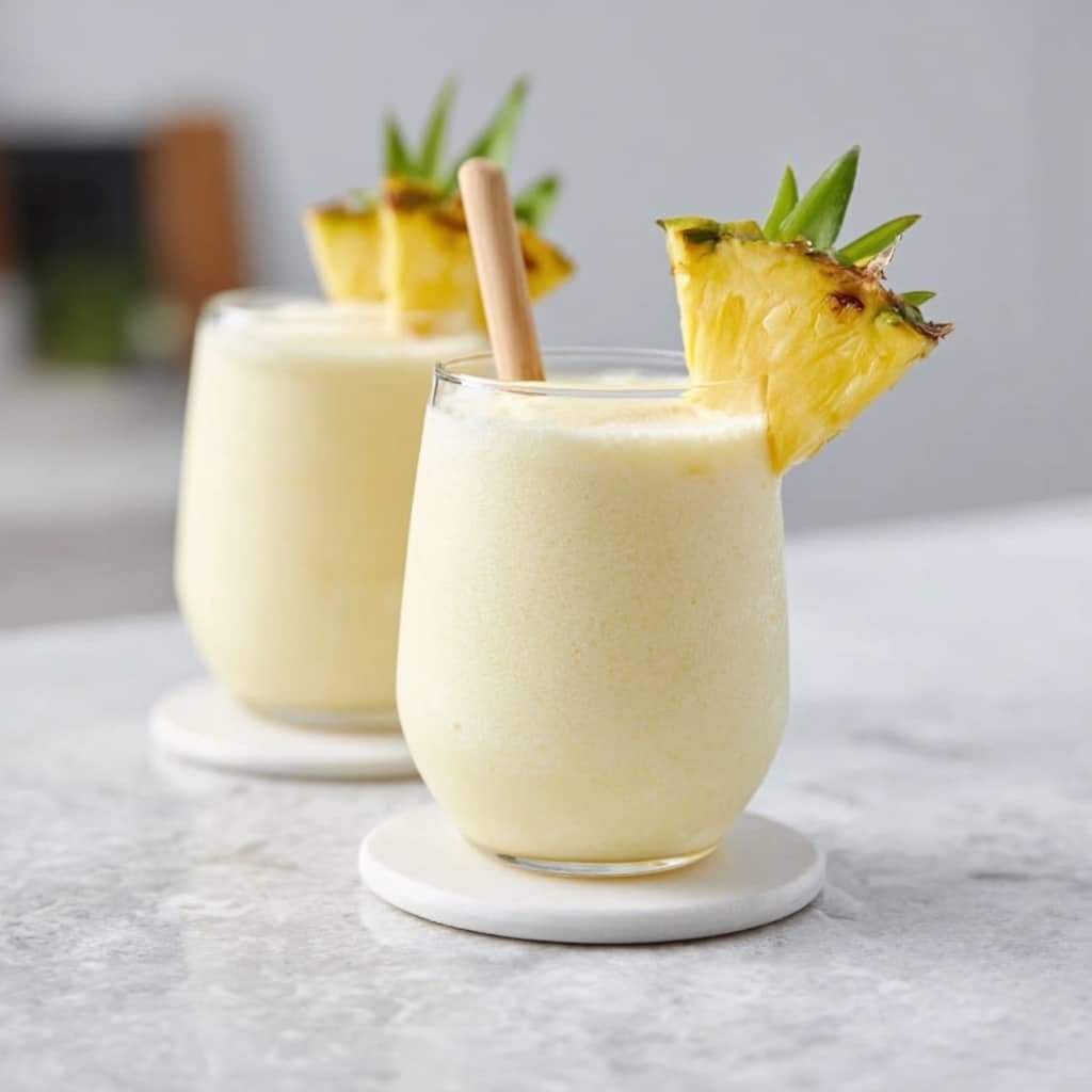 The image shows a tall glass filled with a light creamy yellow drink topped with a thick layer of white foam. On top of the foam, there is a decorative slice of pineapple curved with a small green leaf behind it, sticking up vertically. The glass is placed on a white plate on a white marbled surface, giving a clean and bright background. In the blurred background, another whole pineapple is partly visible. photo taken with an iphone --ar 4:5 --v 7