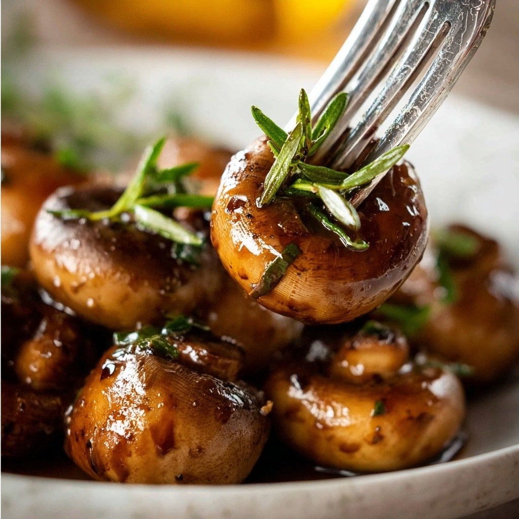 A close-up view of two small brown mushrooms covered in a shiny sauce, pierced by a silver fork. Small green herb sprigs are placed on top of the mushrooms adding a fresh look. The background shows several more mushrooms, blurred to keep focus on the fork, with soft brown tones and a smooth texture. The whole scene sits on a white marbled surface. Photo taken with an iphone --ar 4:5 --v 7