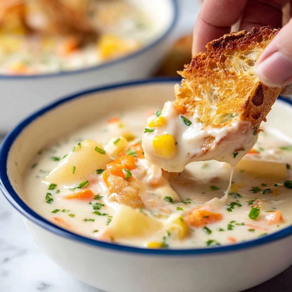 A close-up of creamy soup in a white bowl with a thin blue rim, filled with thick white broth and chunky pieces of orange carrot, yellow corn, and white potato, topped with chopped green herbs scattered on the surface. A woman's hand is dipping a piece of crispy, golden-brown bread into the soup, showing the thick texture of the soup clinging to the bread. The background has a soft focus with another similar white bowl and a white marbled surface underneath. photo taken with an iphone --ar 4:5 --v 7