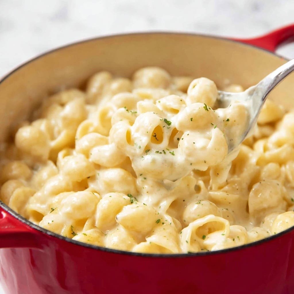A close-up image of a red pot filled with creamy macaroni pasta. The macaroni shells are light yellow and covered in a smooth, thick white cheese sauce with a few small green herb bits scattered on top. A metal spoon is scooping some pasta from the pot, showing the creamy texture and soft pasta shapes. The background is a white marbled texture. photo taken with an iphone --ar 4:5 --v 7