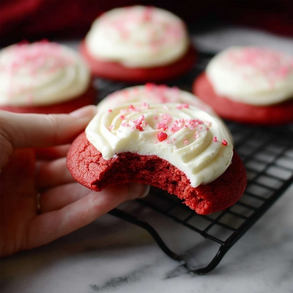  A soft, round red cookie with a bright and rich red color forms the base layer, topped with a thick, creamy white frosting spread evenly in swirls, sprinkled with small pink sugar crystals. The cookie is being held gently by a woman's hand, showing a bite taken out of it that reveals a moist, crumbly texture inside. In the background, several similar red cookies topped with white frosting and pink sprinkles rest on a black wire rack, all set on a smooth white marbled surface. photo taken with an iphone --ar 1:1 --v 7