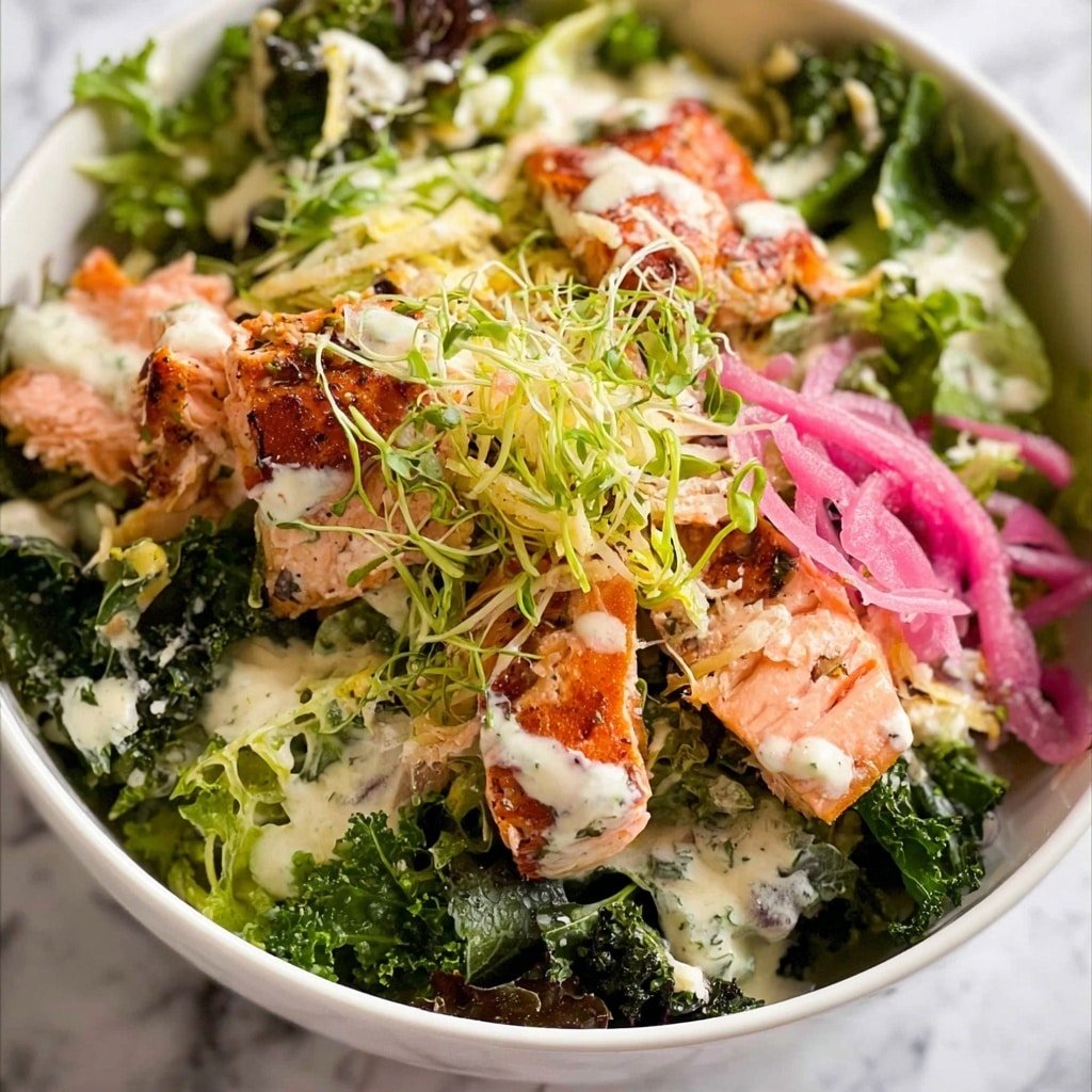 camera top view angle shot. The dish shows a big white bowl filled with several layers. The bottom layer is dark green kale mixed with lighter green lettuce. On top of that, there are big, orange-colored pieces of cooked salmon scattered around. Thin bright pink pickled onions lay on top and around the salmon, adding color contrast. There is a layer of green pea shoots and sprouts on the top, sprinkled with a pale yellow grated topping that looks like cheese. White creamy sauce is drizzled over the whole dish, adding texture and shine. The bowl sits on a white marbled surface. Photo taken with an iphone --ar 1:1 --v 7