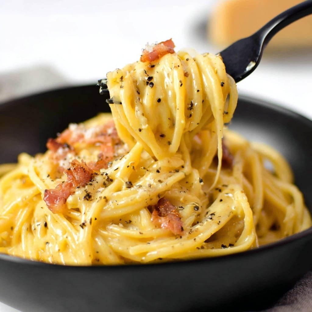 A serving of creamy pasta is piled high in the center of a white plate, with smooth, thick yellow sauce coating each strand of spaghetti. Small pieces of pinkish strips are mixed throughout the noodles, and a light sprinkle of black pepper dots the top. The pasta is arranged in a rounded mound with the sauce gently dripping at the edges. The background shows a white marbled surface, and a black fork with a woman's hand holding it is placed near the plate. Photo taken with an iphone --ar 1:1 --v 7