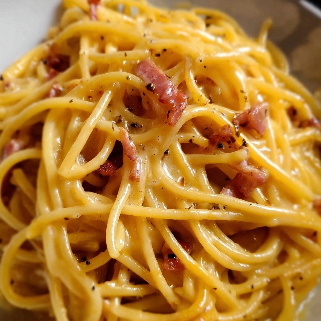 A close-up view of a plate with smooth, shiny yellow spaghetti noodles mixed with small strips of light brown cooked bacon. The noodles are tangled and coated evenly with a creamy sauce, giving them a glossy look. There are bits of black pepper sprinkled on top adding small dark specks. The background is a white marbled texture. photo taken with an iphone --ar 1:1 --v 7